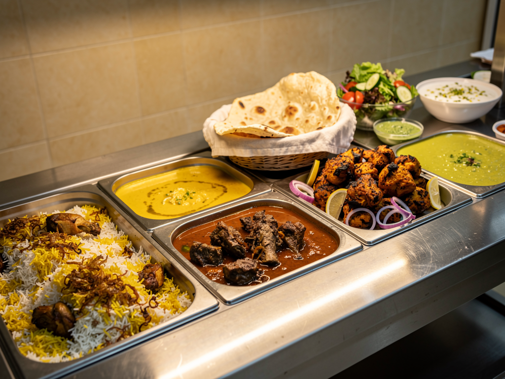 Best Buffet in Al Qusais (2026): Honest Prices, One Closure and Six Options Within 25 Minutes 3 Pakistani and Indian buffet line near Al Qusais with biryani, karahi and grilled chicken tikka