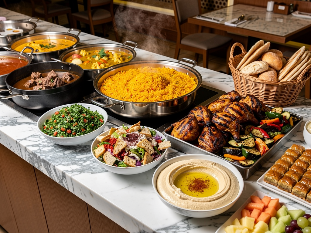 Best Buffet in Bur Dubai (2026): Honest Prices, Two Closures and the Grill Across the Creek 3 hotel dinner buffet line in Bur Dubai with chafing dishes, salads and grilled chicken