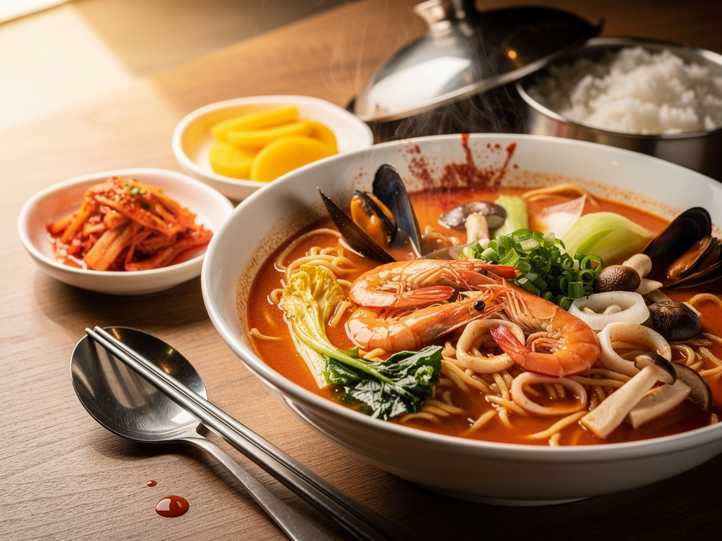 Best Korean Food in Al Ain (2026): Honest Local Guide 2 Korean jjampong spicy seafood noodle soup with kimchi and pickled radish in Al Ain