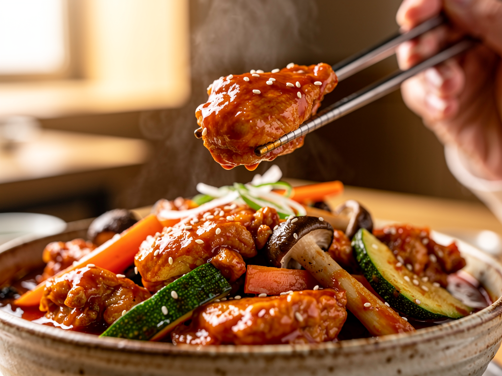 spicy glazed Korean chicken with courgette and mushrooms, the kind of dish ordered at a Korean restaurant in Ras Al Khaimah