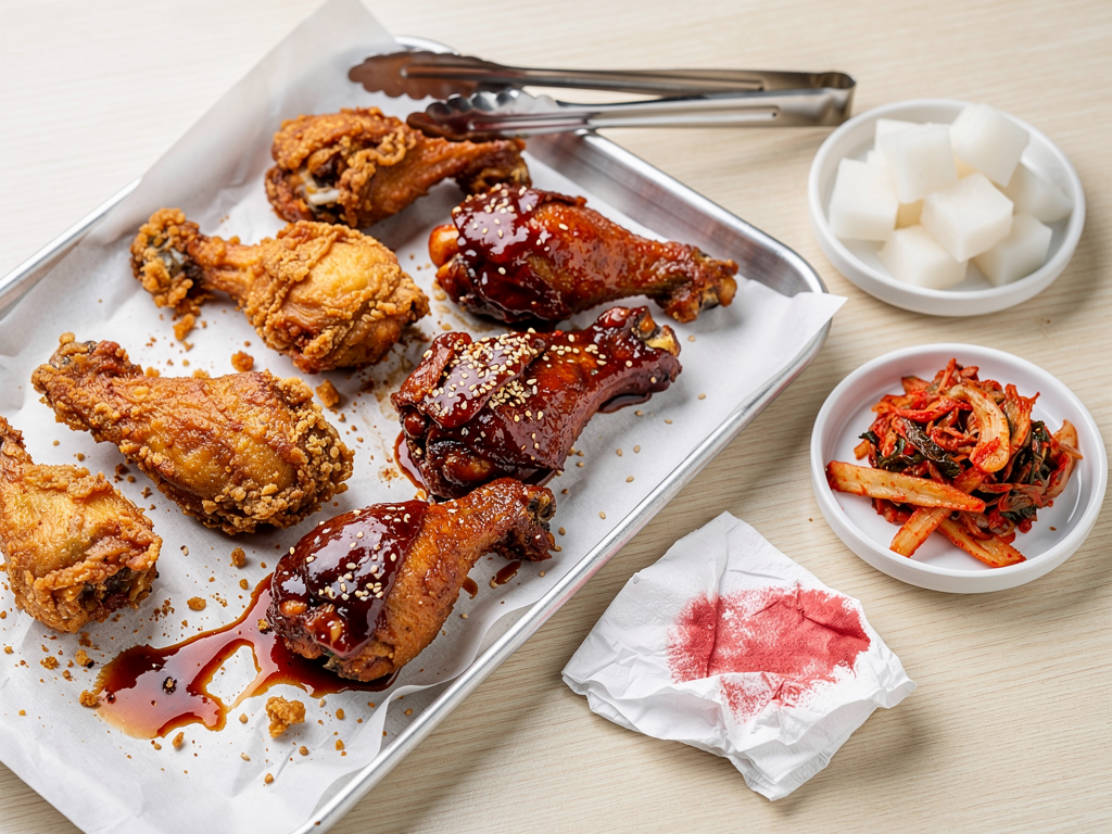 Best Korean Restaurant in Motor City (2026): Honest Local Guide 2 Korean fried chicken wings and drumsticks, half soy garlic and half red yangnyeom, with pickled radish in Motor City Dubai