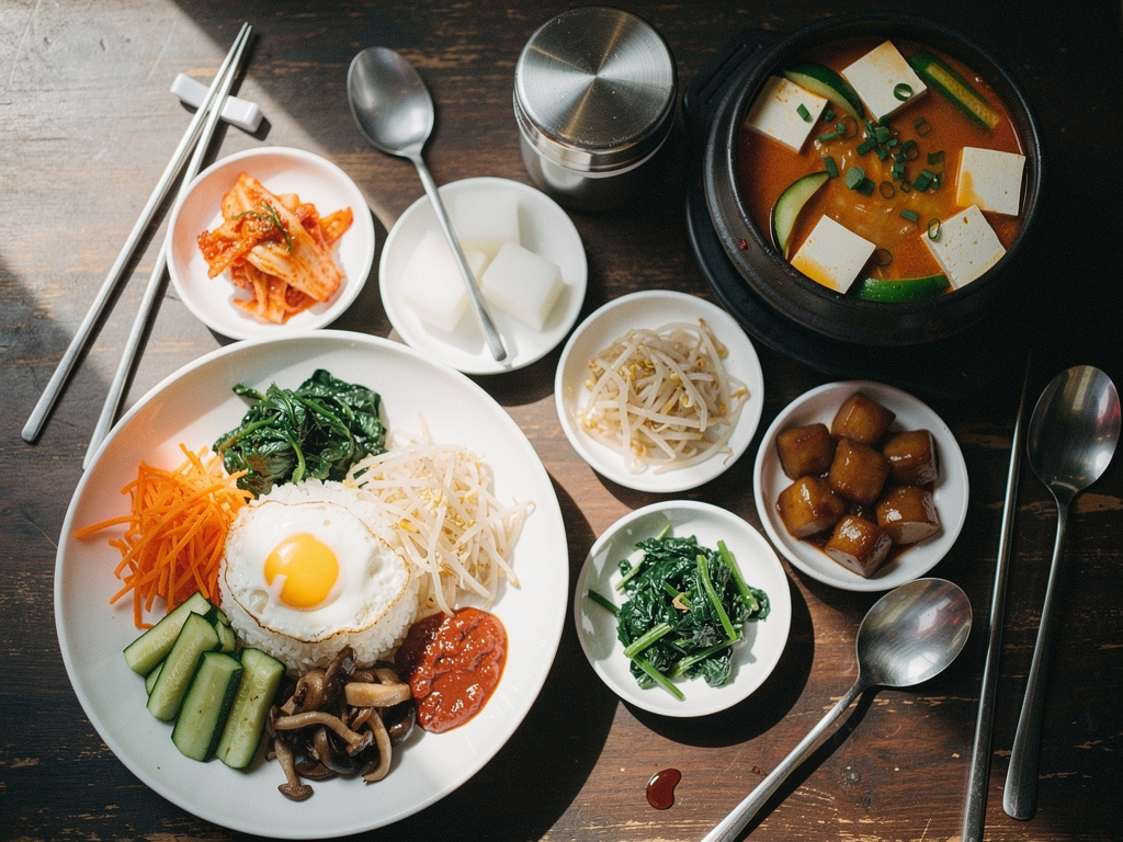 Best Korean Restaurant in Motor City (2026): Honest Local Guide 3 halal Korean dinner spread of vegetable bibimbap, soft tofu stew and banchan near Motor City Dubai