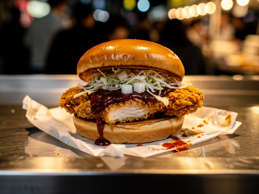 Korean Food at Global Village 2026-27: The Honest Season 31 Guide 2 Korean fried chicken sando with gochujang glaze at a street-food kiosk, the kind of Korean food sold at Global Village